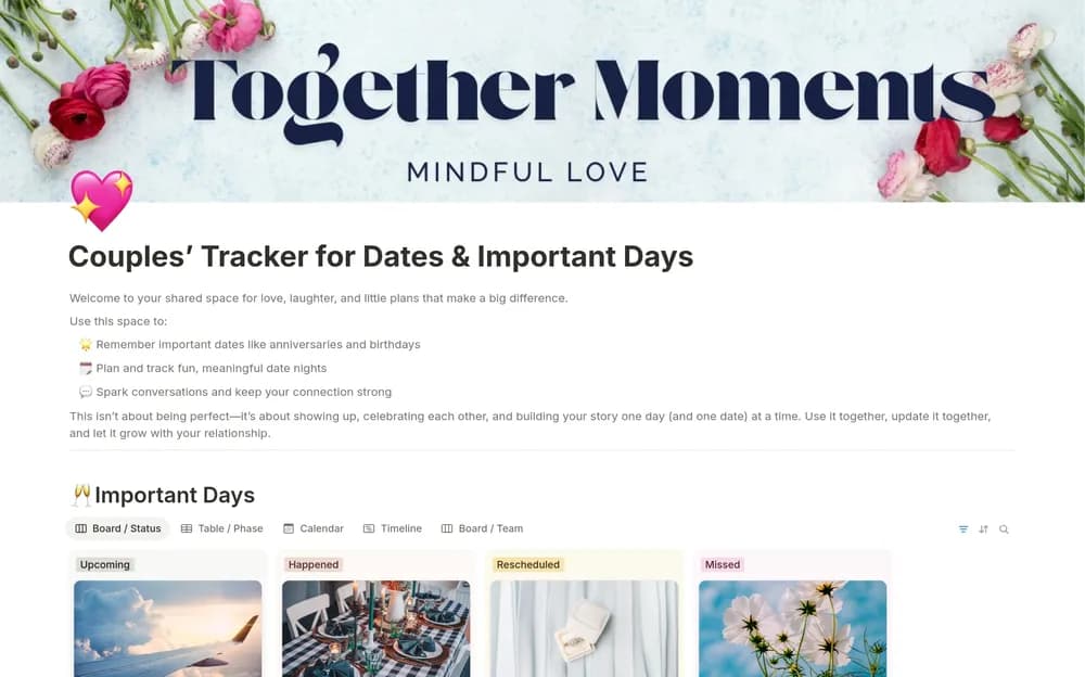 Couples’ Tracker for Dates & Important Days Notion template preview