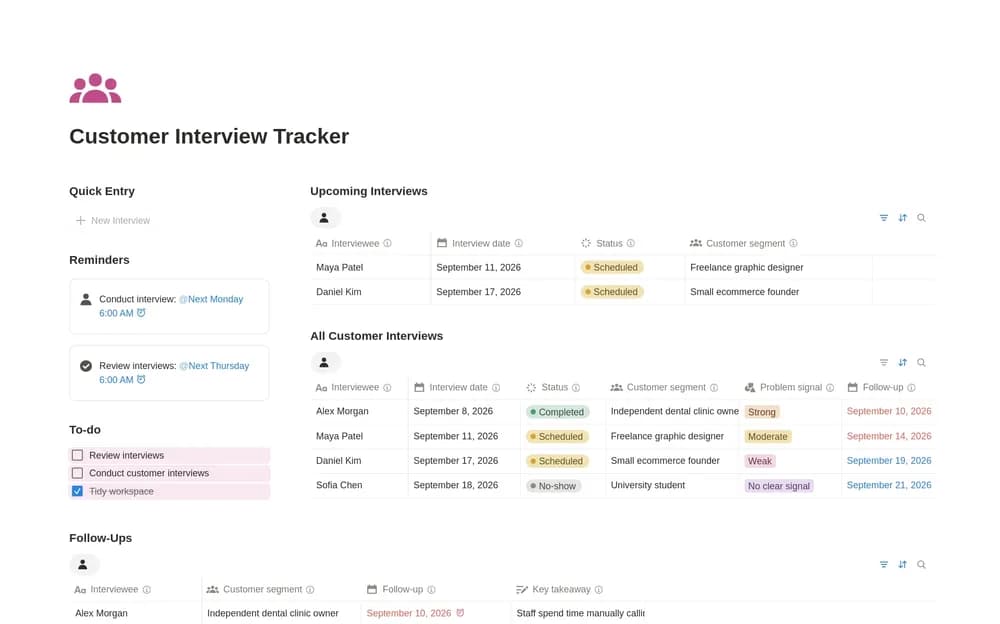Customer Interview Tracker Notion template preview