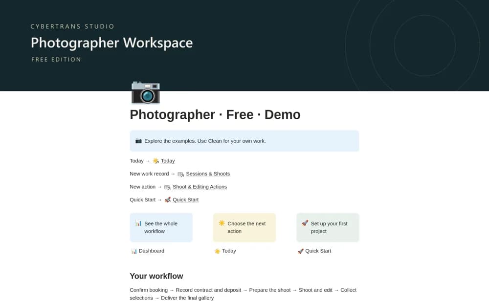 Photographer Workspace — Starter Notion template preview