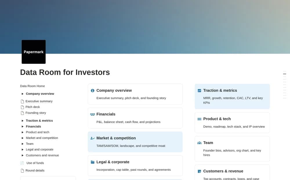 Data Room for Investors Notion template preview