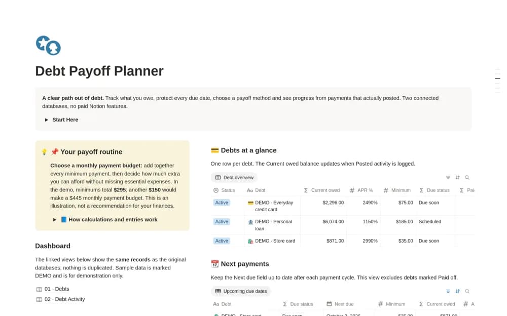 Debt Payoff Planner & Debt Tracker — preview from Notion Marketplace