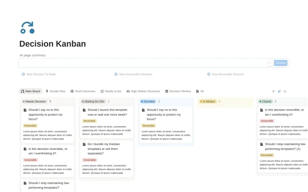 Decision Tracker Kanban Notion template preview