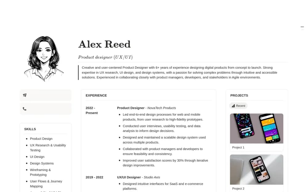 Designer portfolio - CV Notion template preview