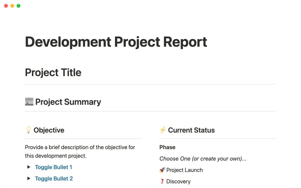 Development project report Notion template preview
