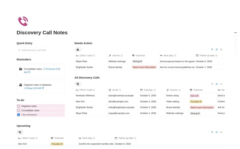 Discovery Call Notes Notion template preview