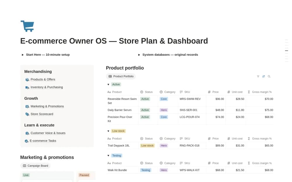 E-commerce Owner OS – All-in-One Store Dashboard Notion template preview
