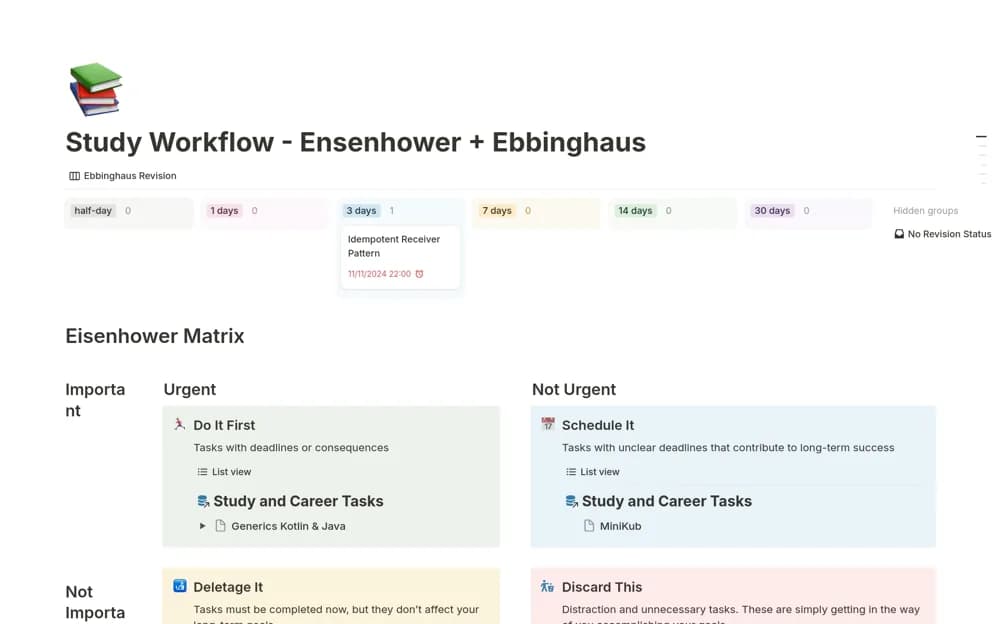 Study and Career Planner - Eisenhower + Ebbinghaus Notion template preview