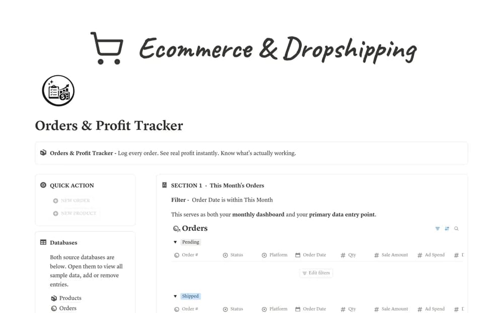 Ecommerce & Dropshipping Tracker Notion template preview