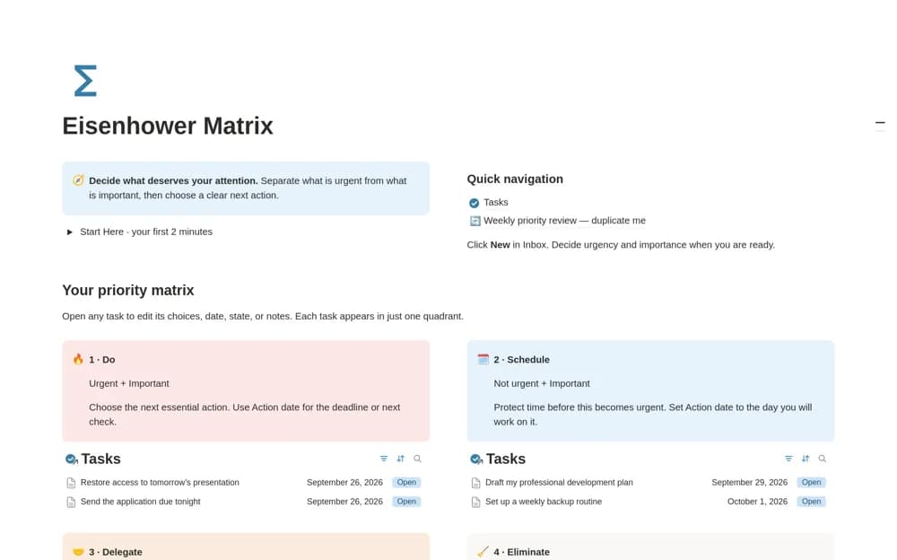 Eisenhower Matrix & Priority Planner — preview from Notion Marketplace