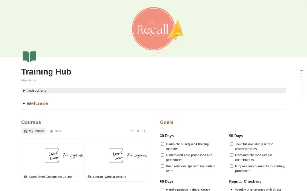 Employee Onboarding Team Training Course Manager Notion template preview