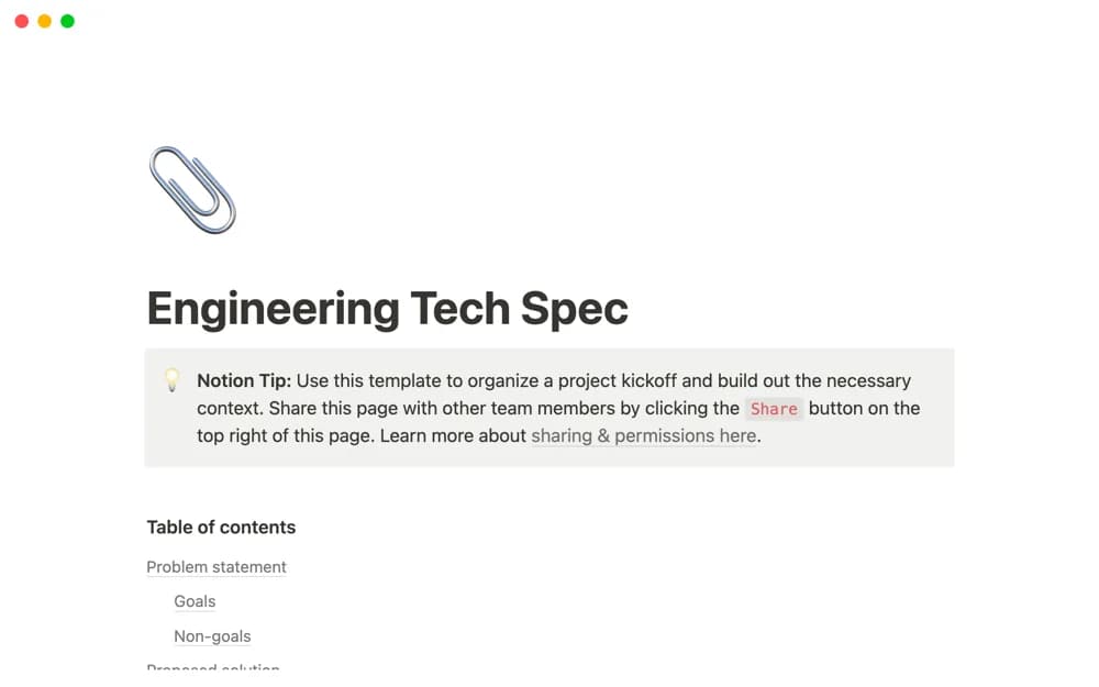 Engineering Tech Spec Notion template preview