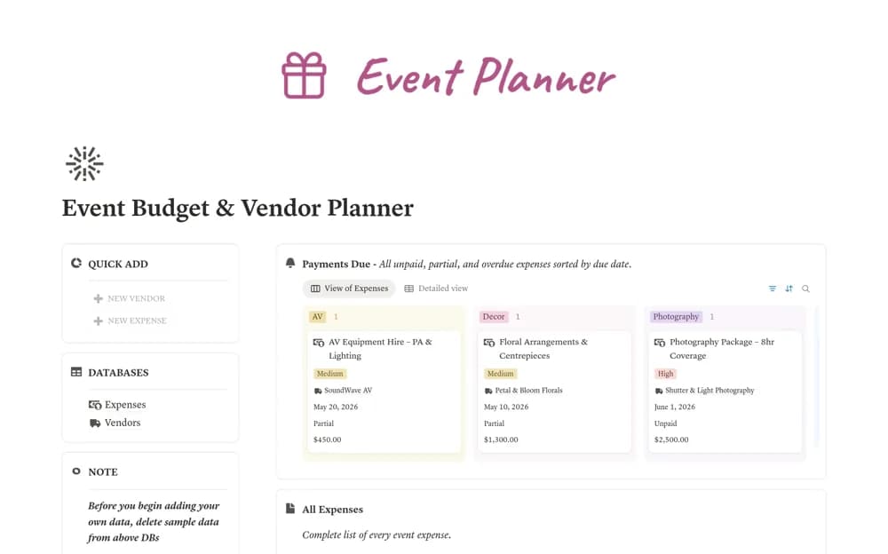 Event Planners Budget & Vendor Tracker Notion template preview