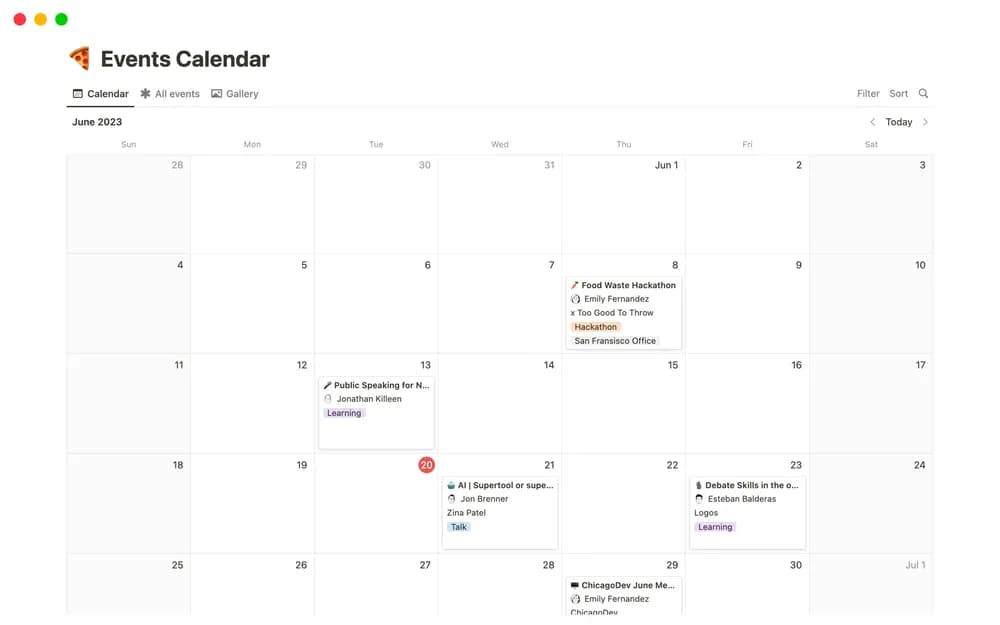 Events Calendar Notion template preview