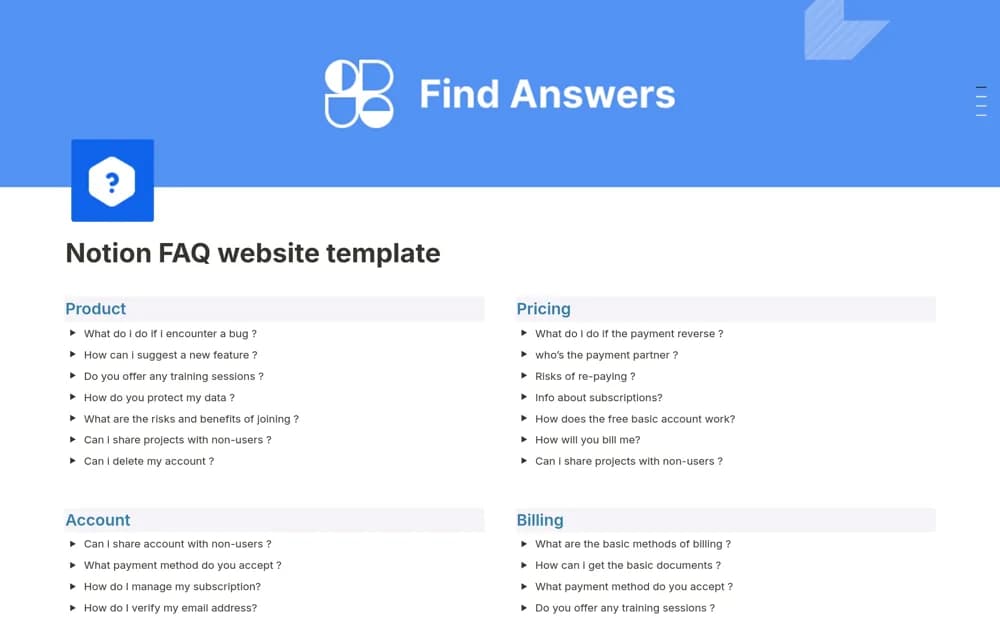 FAQ website — preview from Notion Marketplace