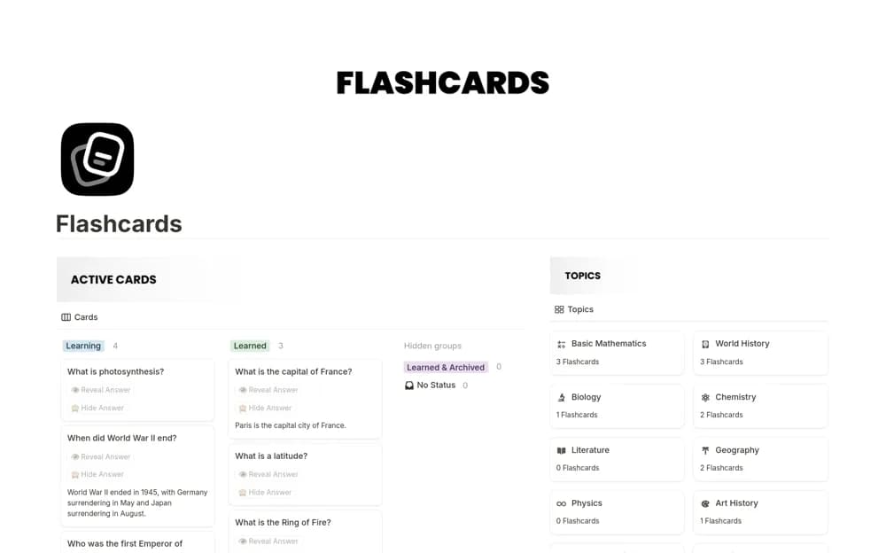 Flashcards — preview from Notion Marketplace