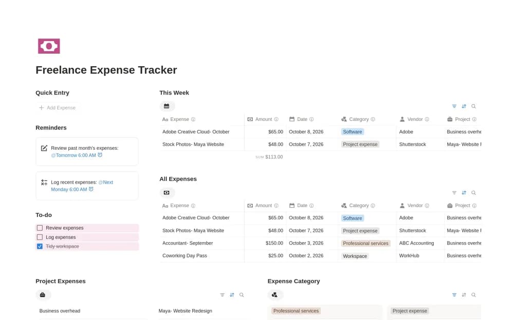 Freelance Expense Tracker Notion template preview