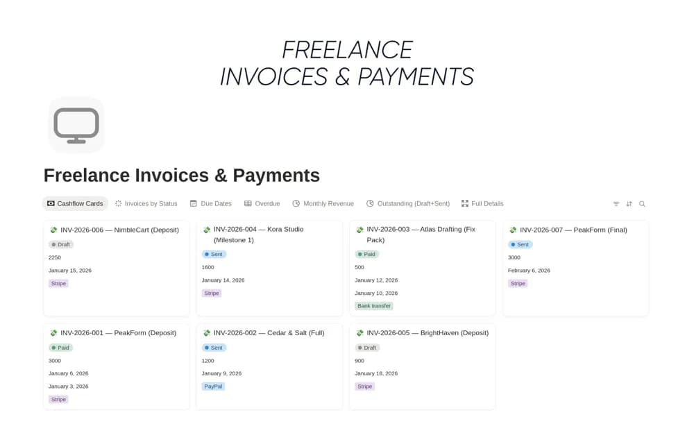 Freelance Invoices & Payments Notion template preview