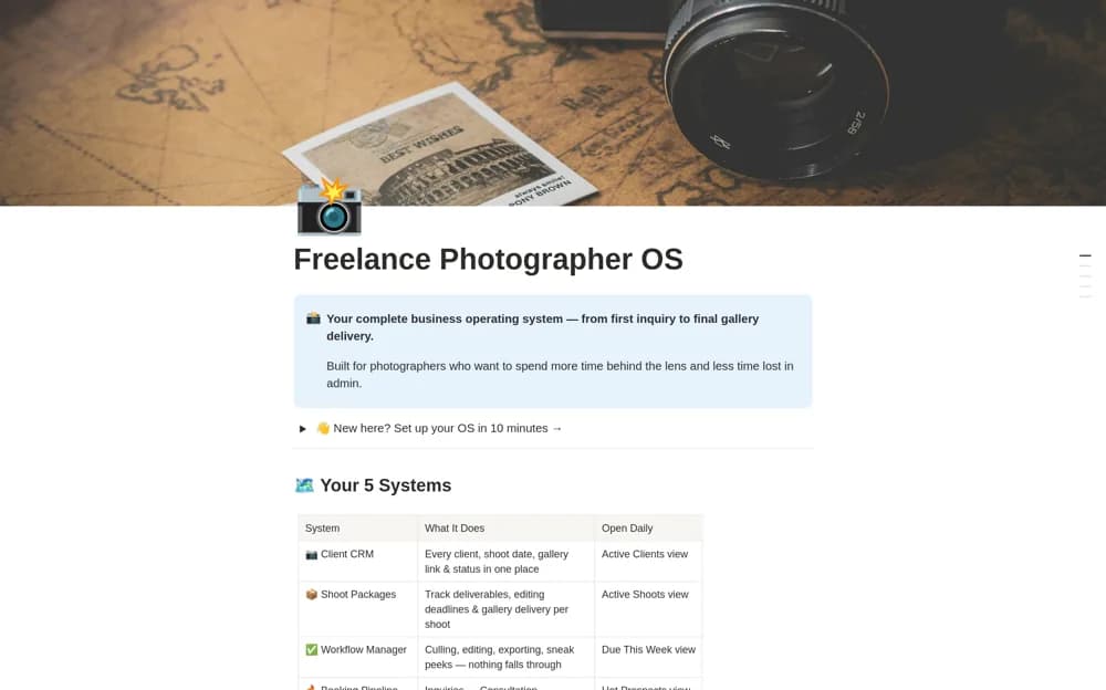 Freelance Photographer OS Notion template preview