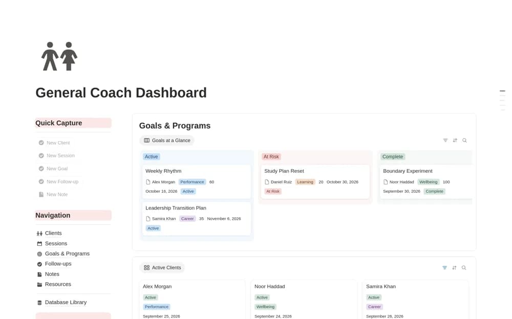 General Coach Dashboard Notion template preview
