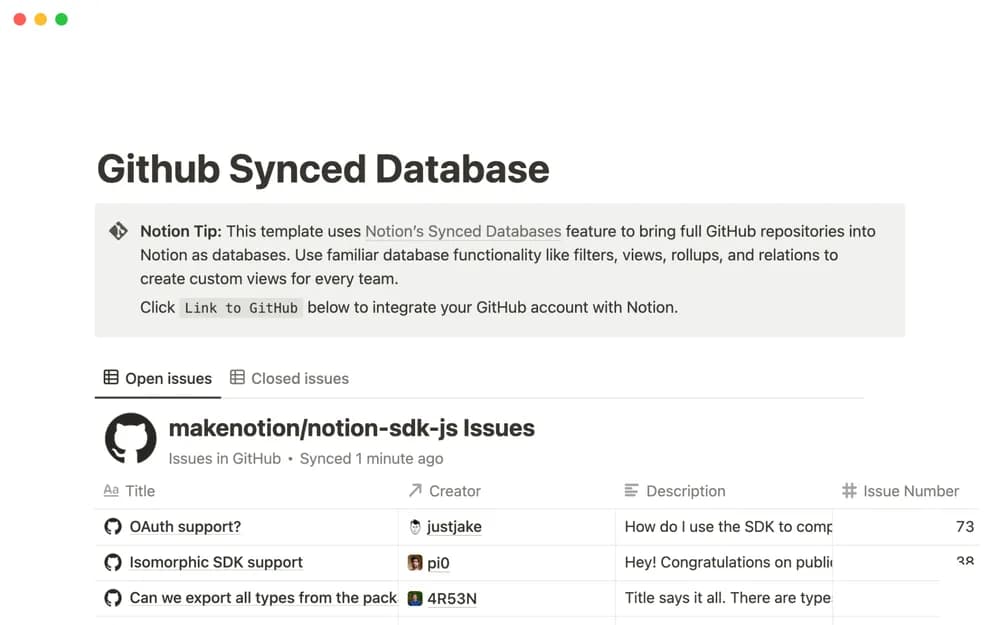 Github Synced Database Notion template preview