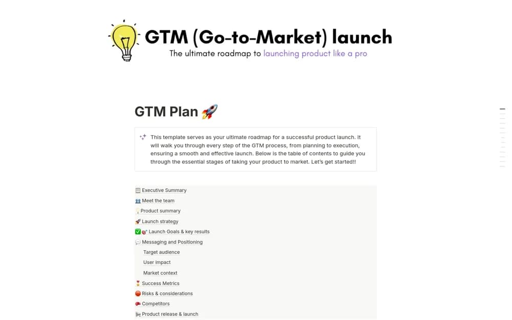 Go-to-Market (GTM) Launch Plan Notion template preview