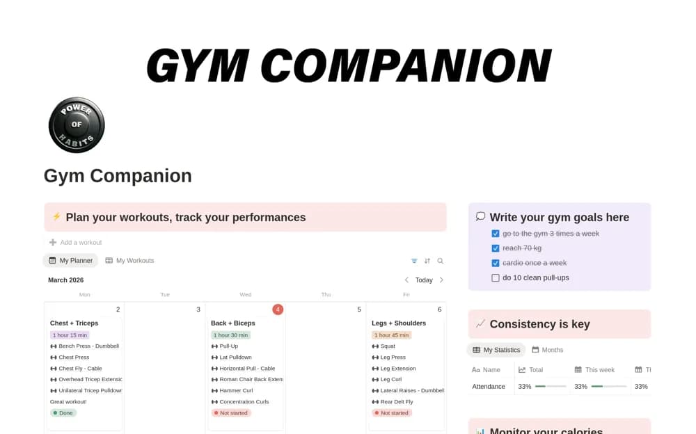 Gym Companion Notion template preview