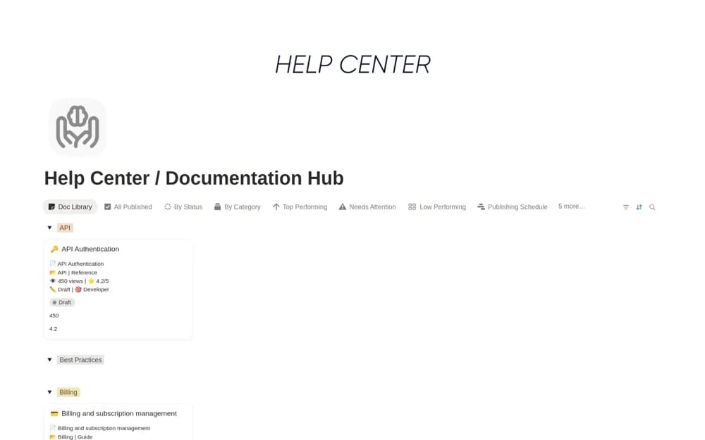 Help Center / Documentation Hub — preview from Notion Marketplace