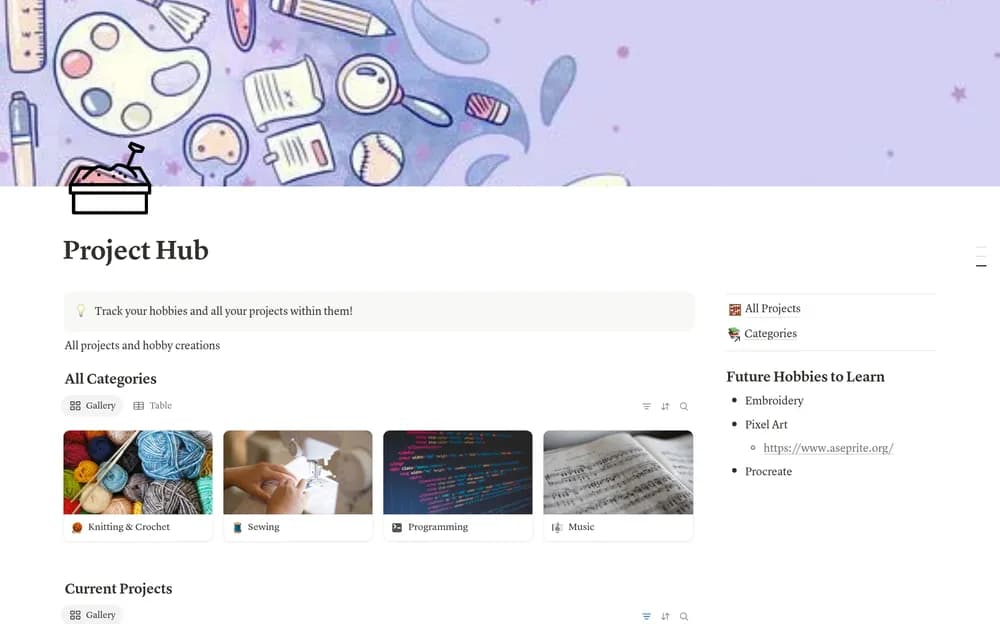 Hobby Project Hub Notion template preview