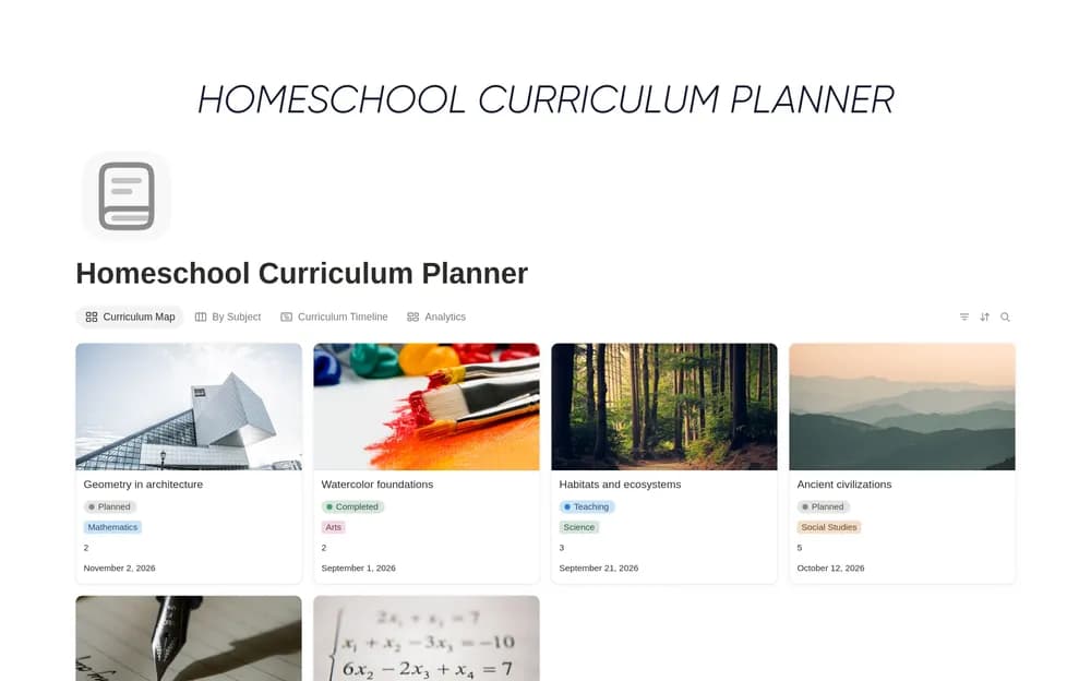 Homeschool Curriculum Planner Notion template preview