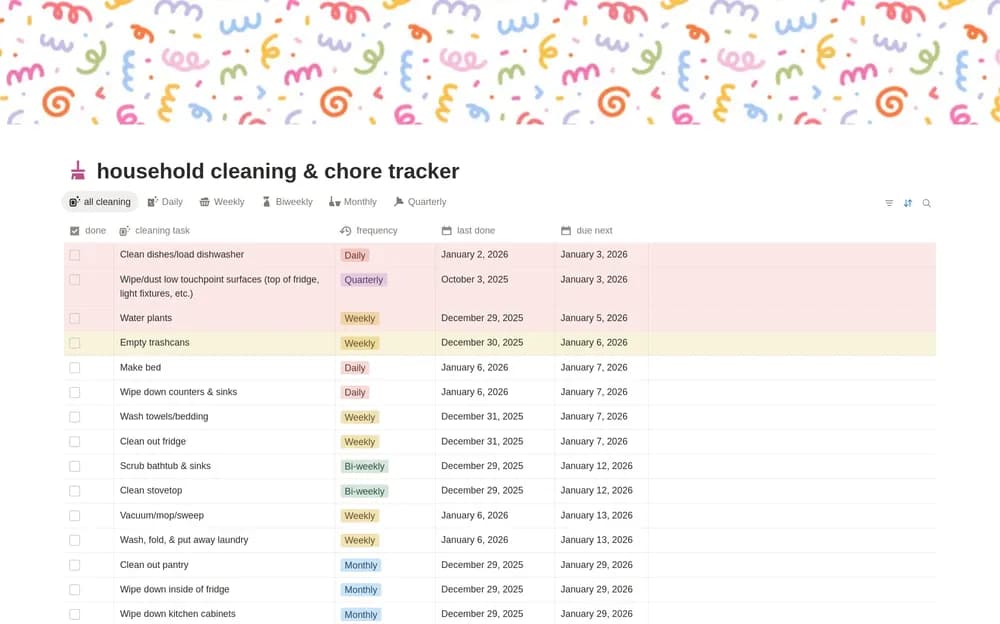 Household Cleaning & Chore Tracker Notion template preview
