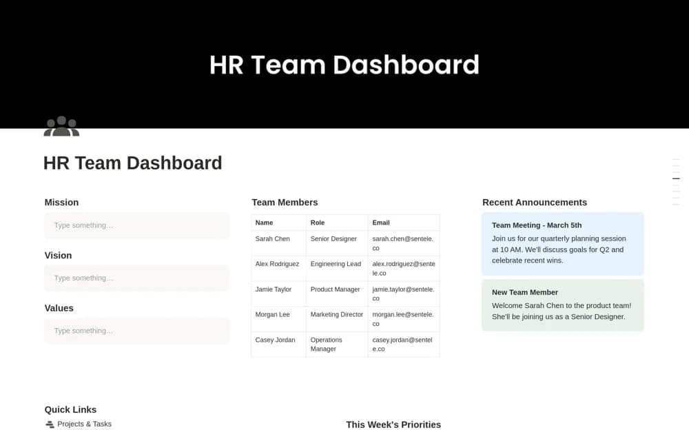 HR Team Dashboard Notion template preview