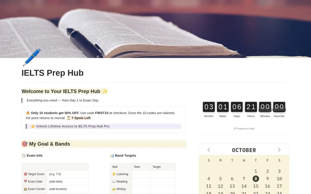 IELTS Prep Hub: Your Complete IELTS Study System Notion template preview