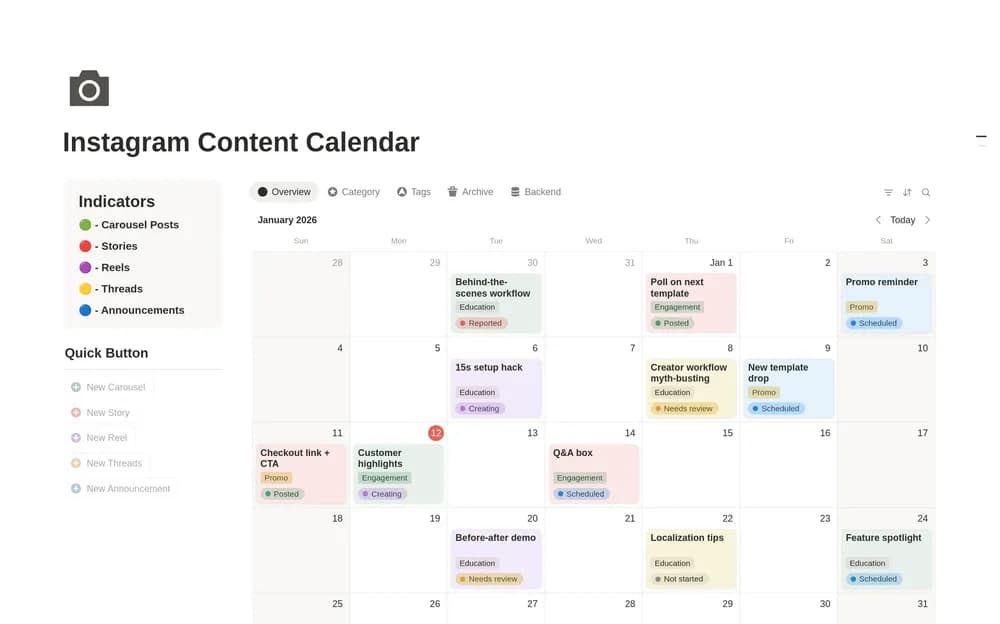 Instagram Content Calendar Notion template preview