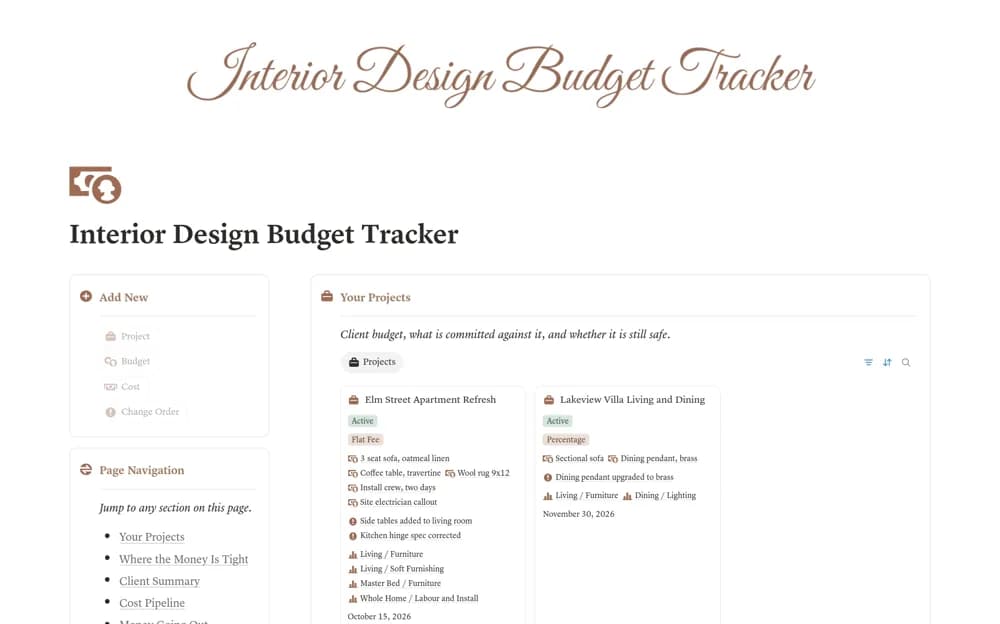 Interior Design Budget Tracker & Change Orders Notion template preview