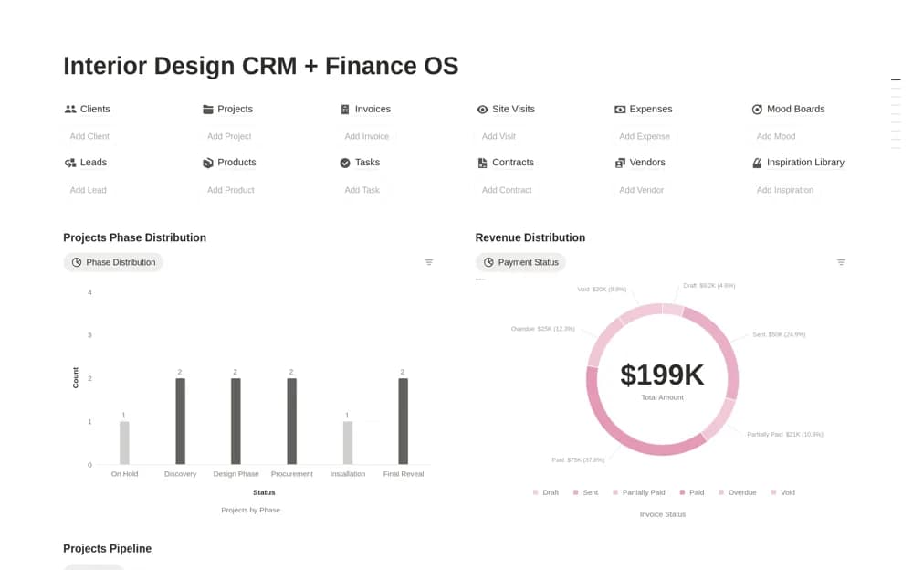 Interior Design CRM + Finance OS Notion template preview
