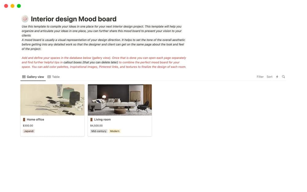 Interior design Mood board Notion template preview