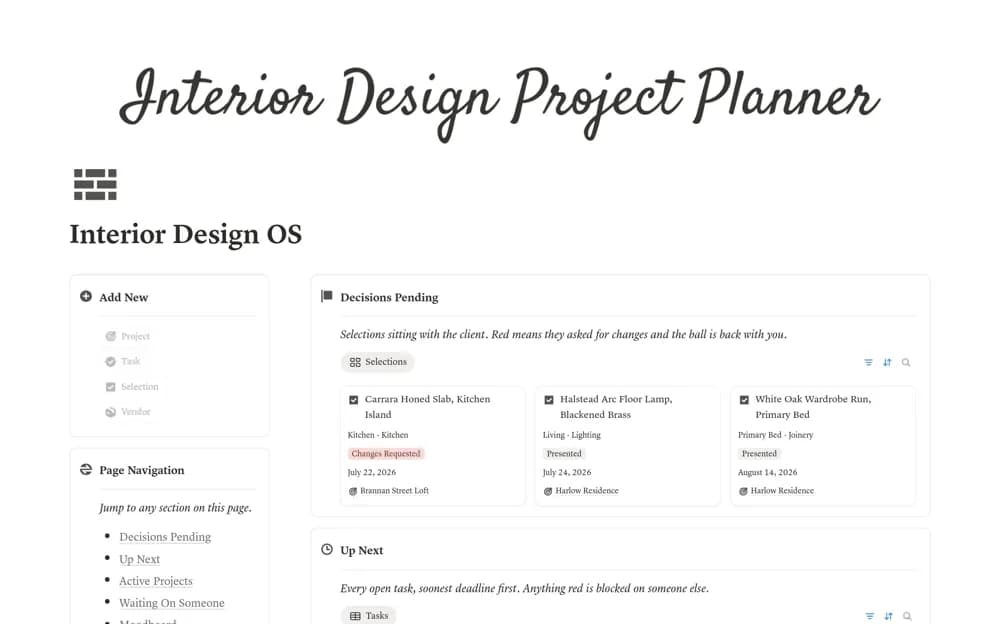 Interior Designer Project Manager Notion template preview