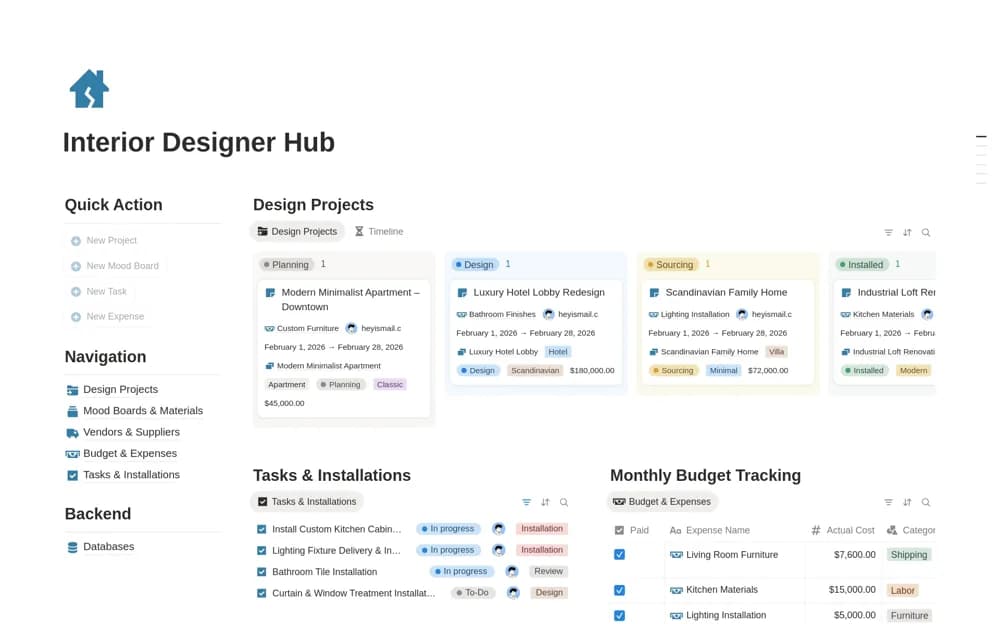 Interior Designer Hub Notion template preview