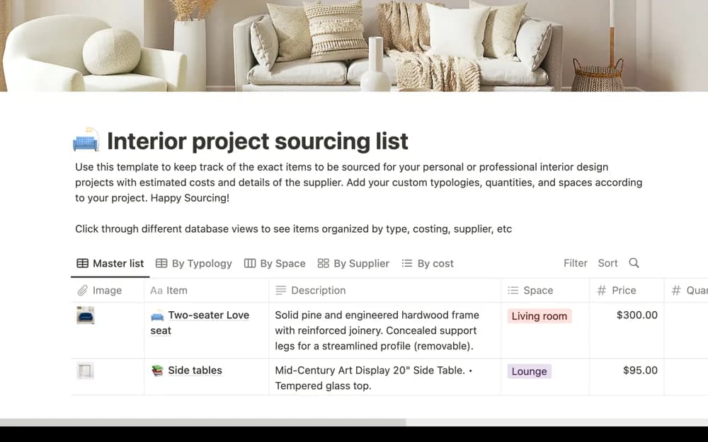 Interior project sourcing list Notion template preview