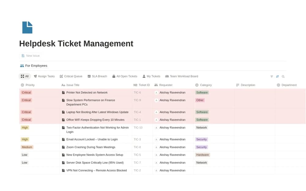 Internal IT Helpdesk & Ticket Management Notion template preview