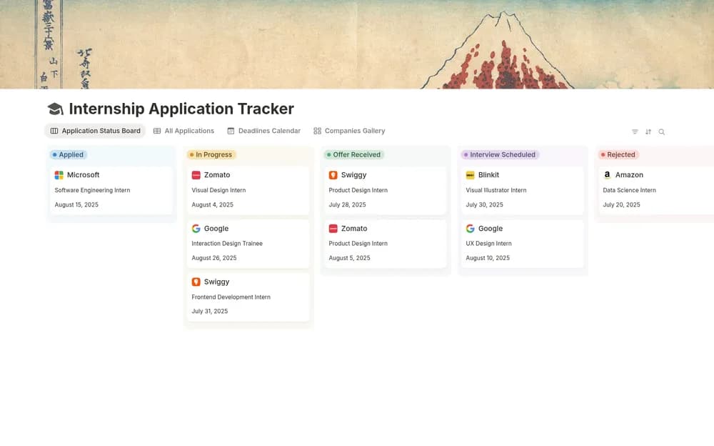 Internship Application Tracker Notion template preview
