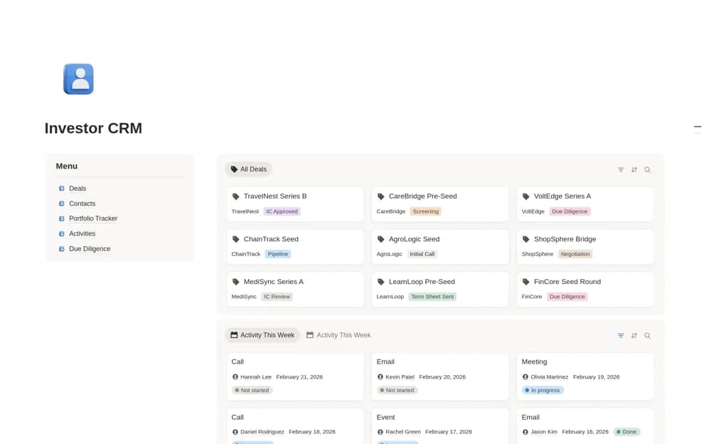 Investor CRM Notion template preview