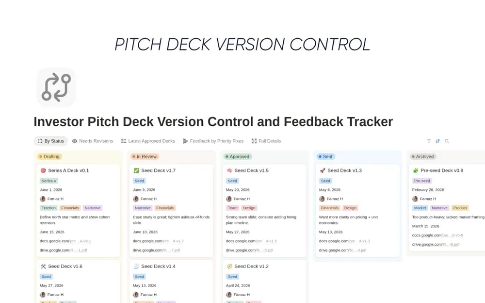 Investor Pitch Deck Version Control and Feedback Notion template preview
