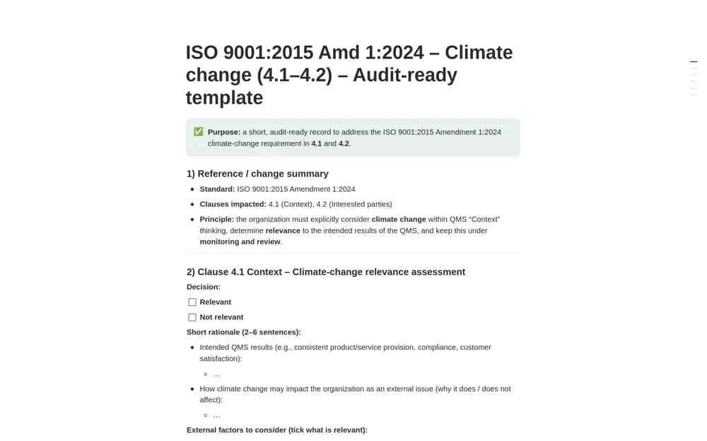 ISO 9001:2015 Amd 1:2024 – Climate change (4.1–4.2) Notion template preview
