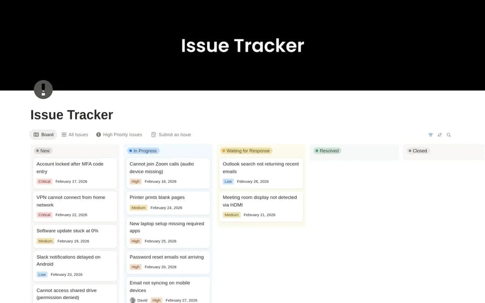 Issue Tracker — preview from Notion Marketplace