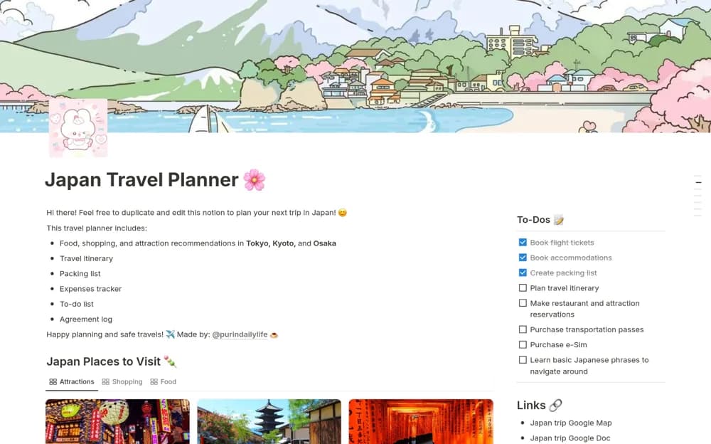 Japan Travel Planner Notion template preview