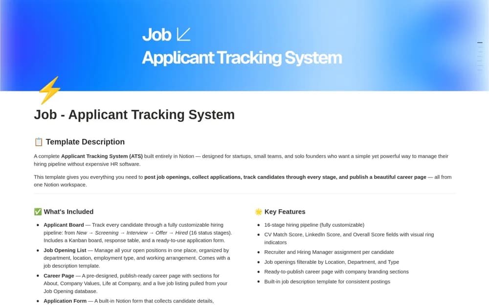 Job Applicant Tracking System (Pro Edition) Notion template preview