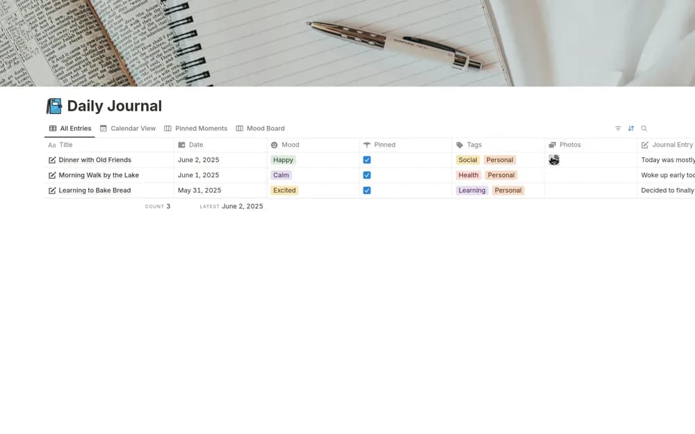 Journal The Moments Notion template preview