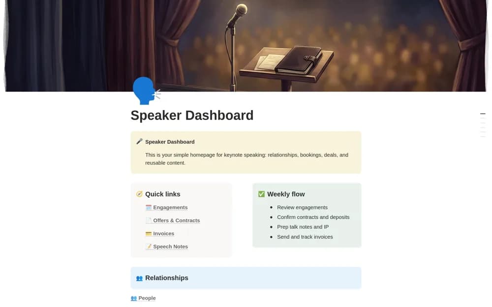 Keynote Speaker Dashboard Notion template preview