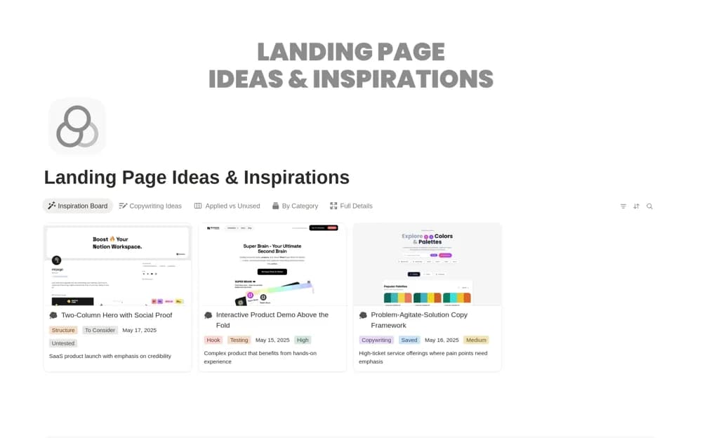 Landing Page Ideas & Inspirations Notion template preview